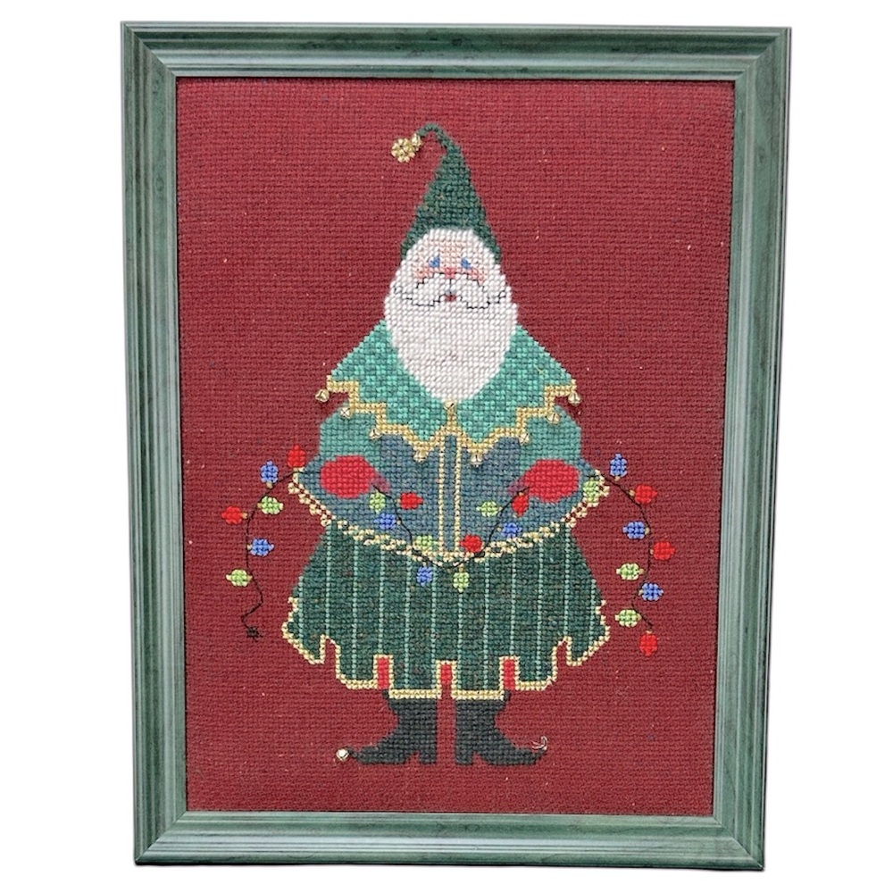Vtg Handmade Completed‎ Cross Stitch Santa Claus Framed Art No Glass Wall Decor
